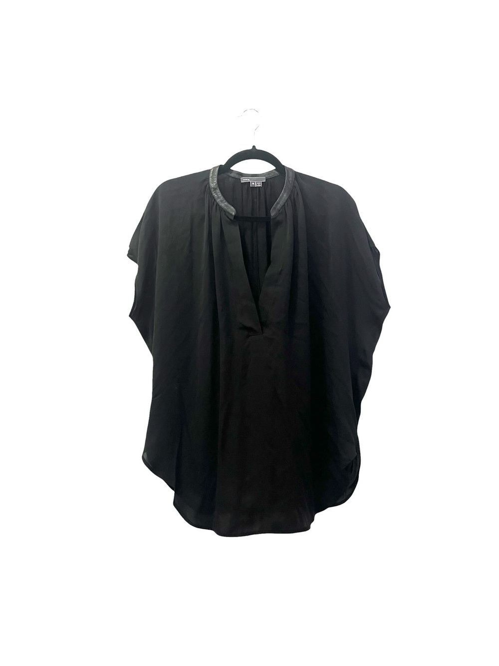 VINCE Luxury Black Silk Leather Trim Split-Neck Short Sleeve Blouse M
